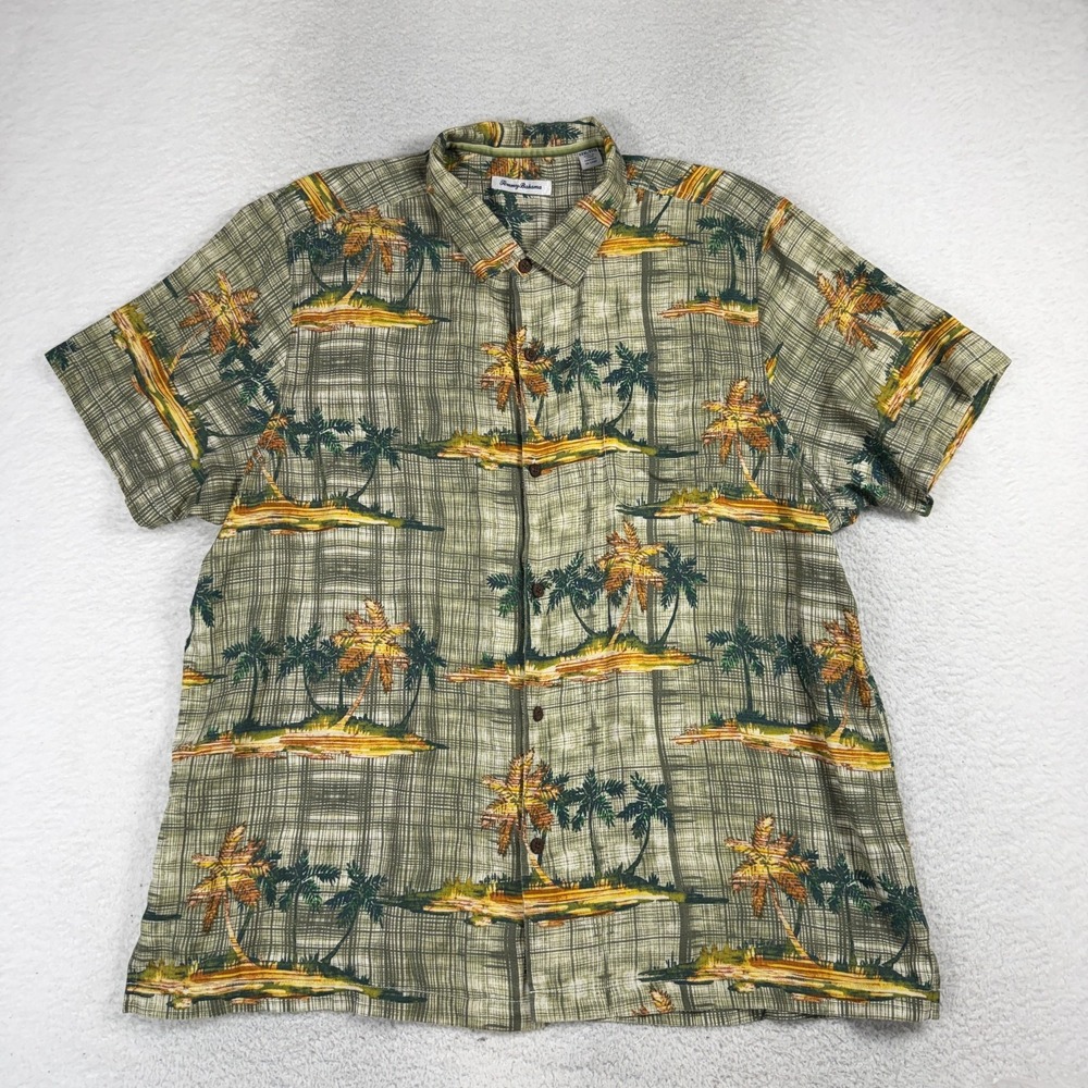 Tommy Bahama Hawaiian Aloha Shirt XXXL Palms Green Crosshatch Silk Blend 3XL